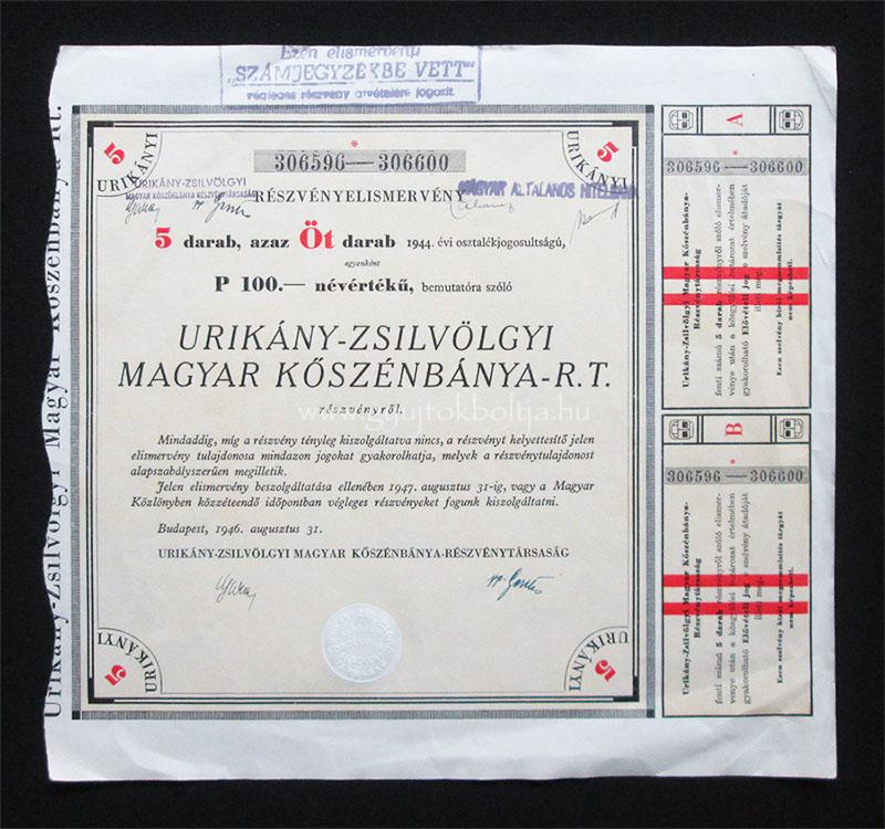 Urikány-Zsilvölgyi Magyar Kőszénbánya elismervény 1946 (ROU)